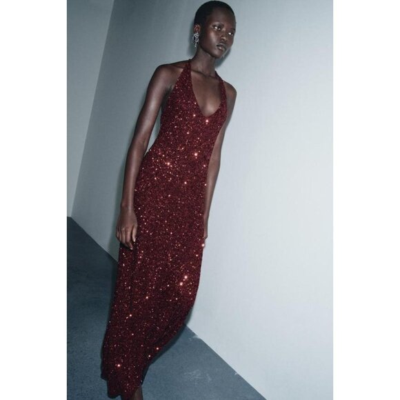 ZARA SEQUIN V-NECK DRESS - Picture 6 of 9